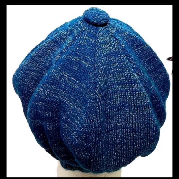 Women’s Shimmery Knit Winter Newsboy Cap Hat Blue Silver Lined Elastic Back - Picture 7 of 8